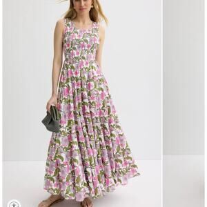 SZ Blockprints Pink Floral Maxi Dress XS Smocked Cottage Tiered Ruffle $358